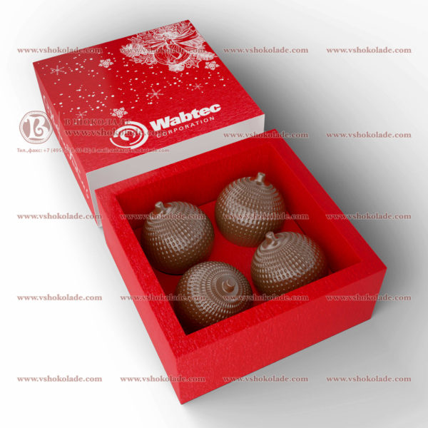 Шоколадные елочные шарики комплект из 4х шт, в подарочной коробке с логотипом
