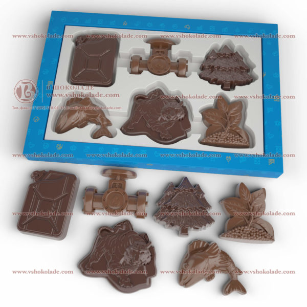 Шоколадные фигурки по форме клиента в коробке с логотипом заказчика