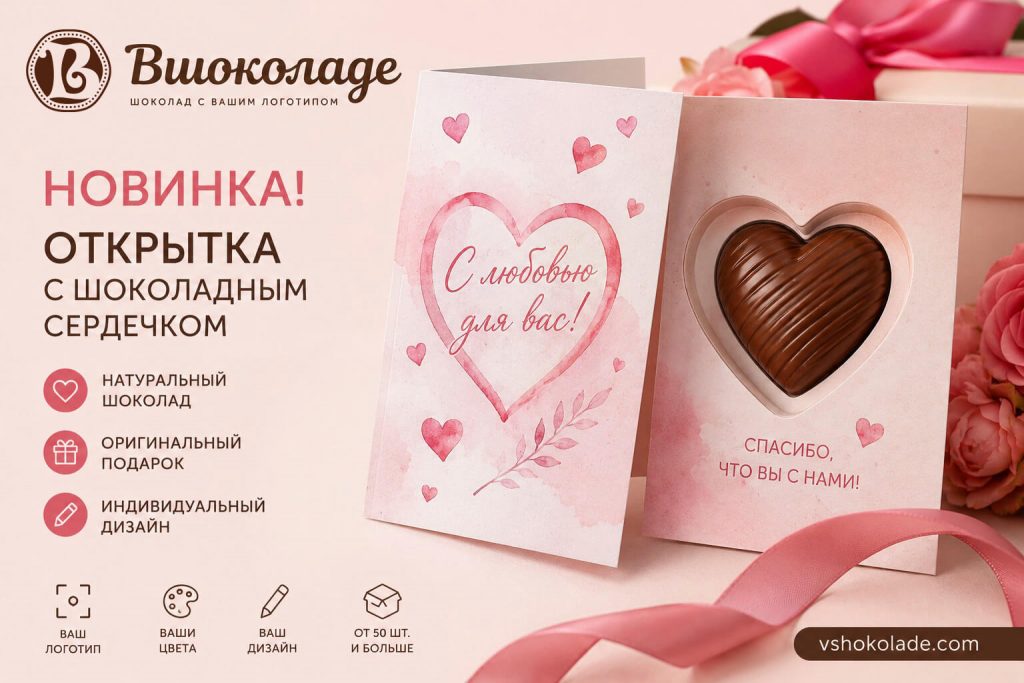 Открытка с шоколадным сердечком и логотипом заказчика